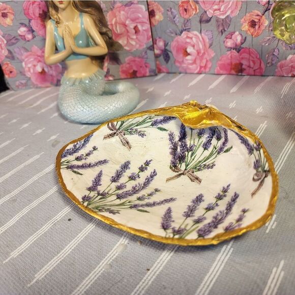 DECOUPAGE CLAM SHELL DECOUPAGE FLOWERS TRINKET DISH - Picture 6 of 9